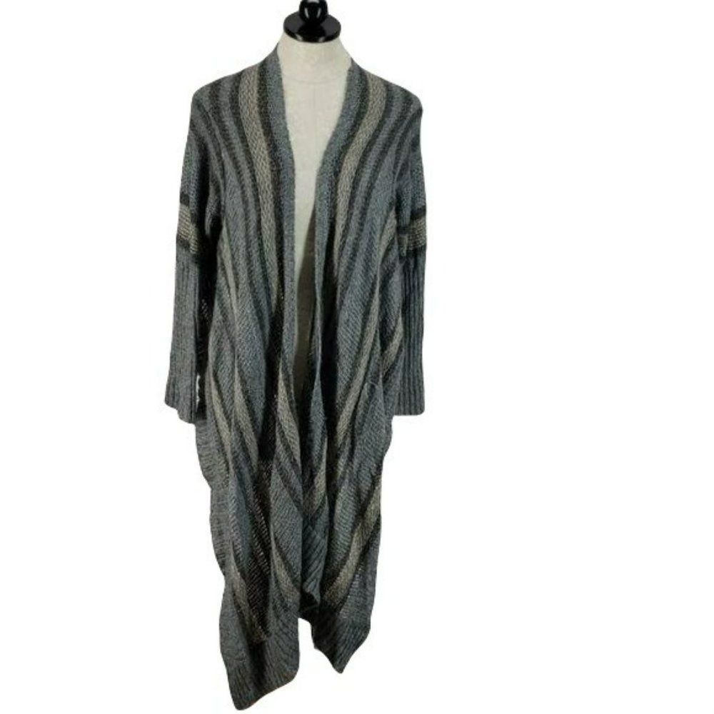 Decree Large Gray Tan Work striped kimono sweater wrap front cardigan